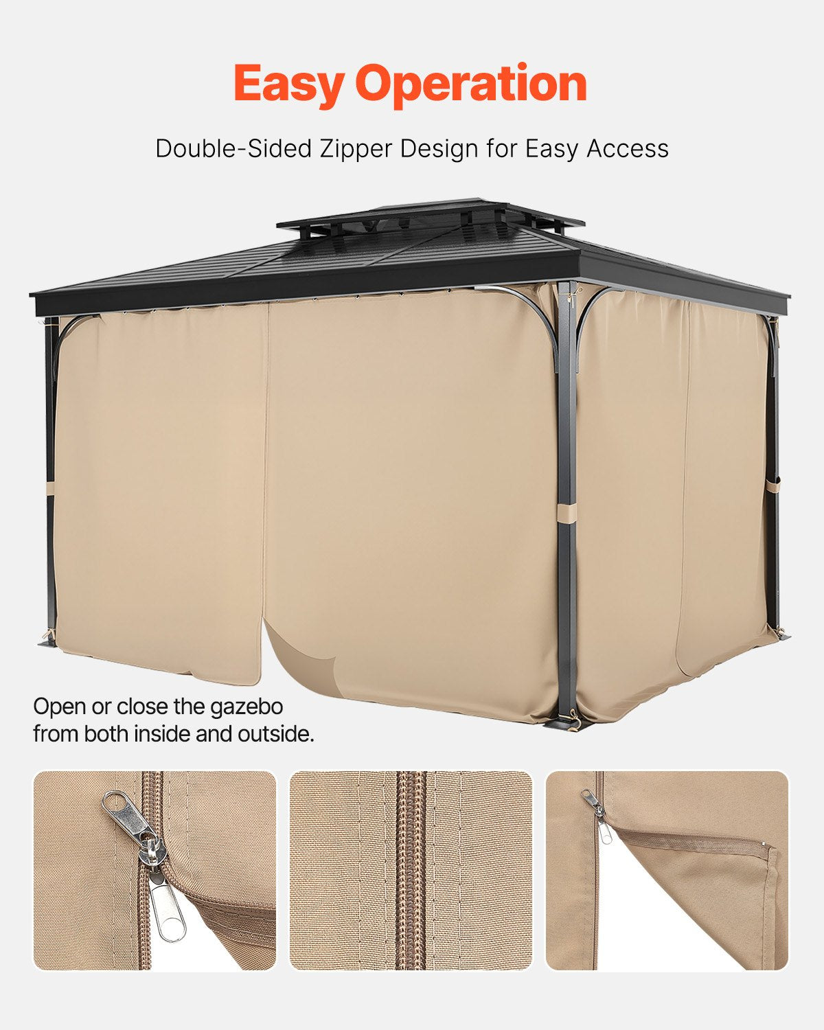 VEVOR Gazebo Curtains Outdoor, 12' x 10' x 7.3' Gazebos, 4-Panel Sidewall Gazebo Privacy Curtains with Zippers, Outdoor Curtain Replacement for Patio Canopy, Only Curtain, Khaki