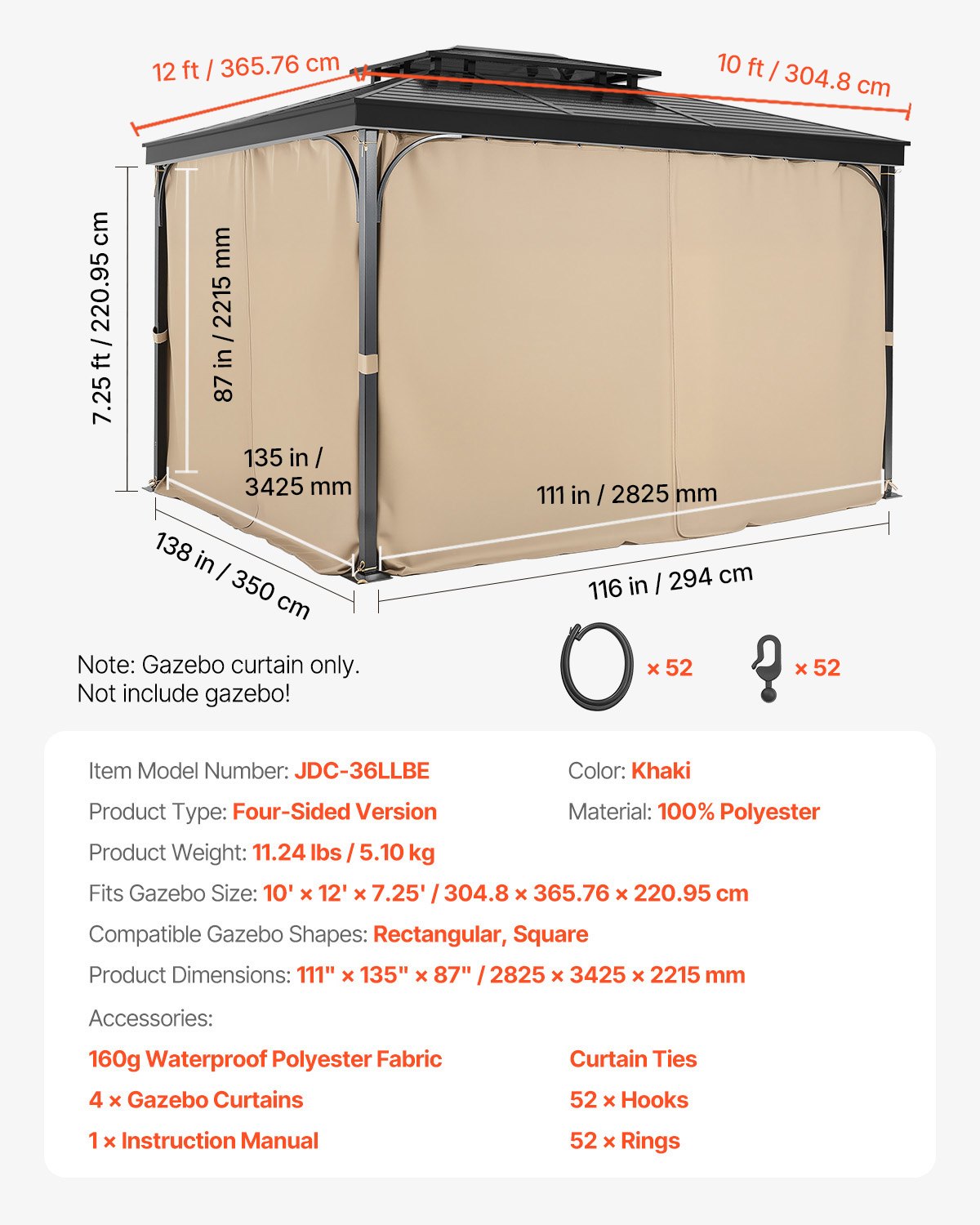 VEVOR Gazebo Curtains Outdoor, 12' x 10' x 7.3' Gazebos, 4-Panel Sidewall Gazebo Privacy Curtains with Zippers, Outdoor Curtain Replacement for Patio Canopy, Only Curtain, Khaki