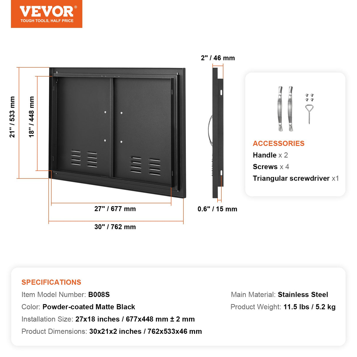 BBQ Access Door,762 x533 mm Double Outdoor Kitchen Door, Cold Plate Flush Mount Door, Wall Vertical Door with Handles and Ventss, for BBQ Island, Grilling Station, Outside Cabinet