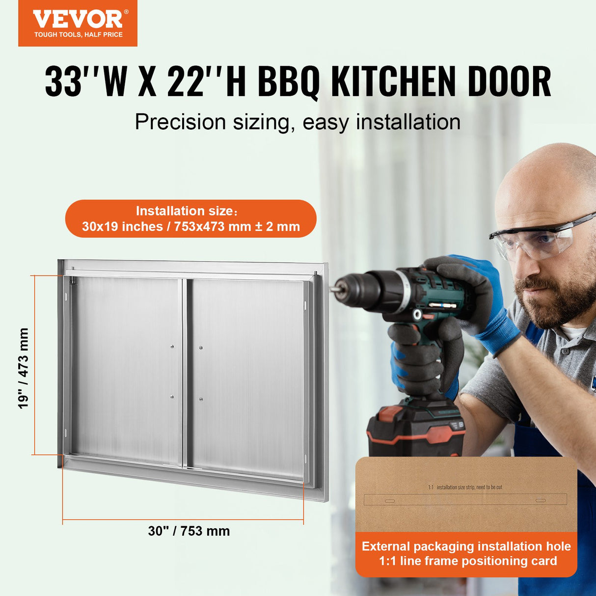 VEVOR BBQ Access Door, 838x558 mm Double Outdoor Kitchen Door, Stainless Steel Flush Mount Door, Wall Vertical Door with Handles, for BBQ Island,