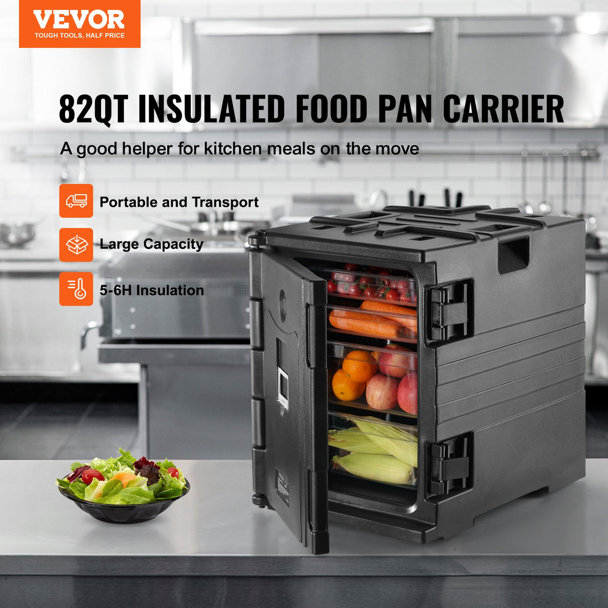 VEVOR Insulated Food Pan Carrier, 82 Qt Hot Box for Catering, LLDPE Food Box Carrier w/ Double Buckles, Front Loading Food Warmer w/ Handles,