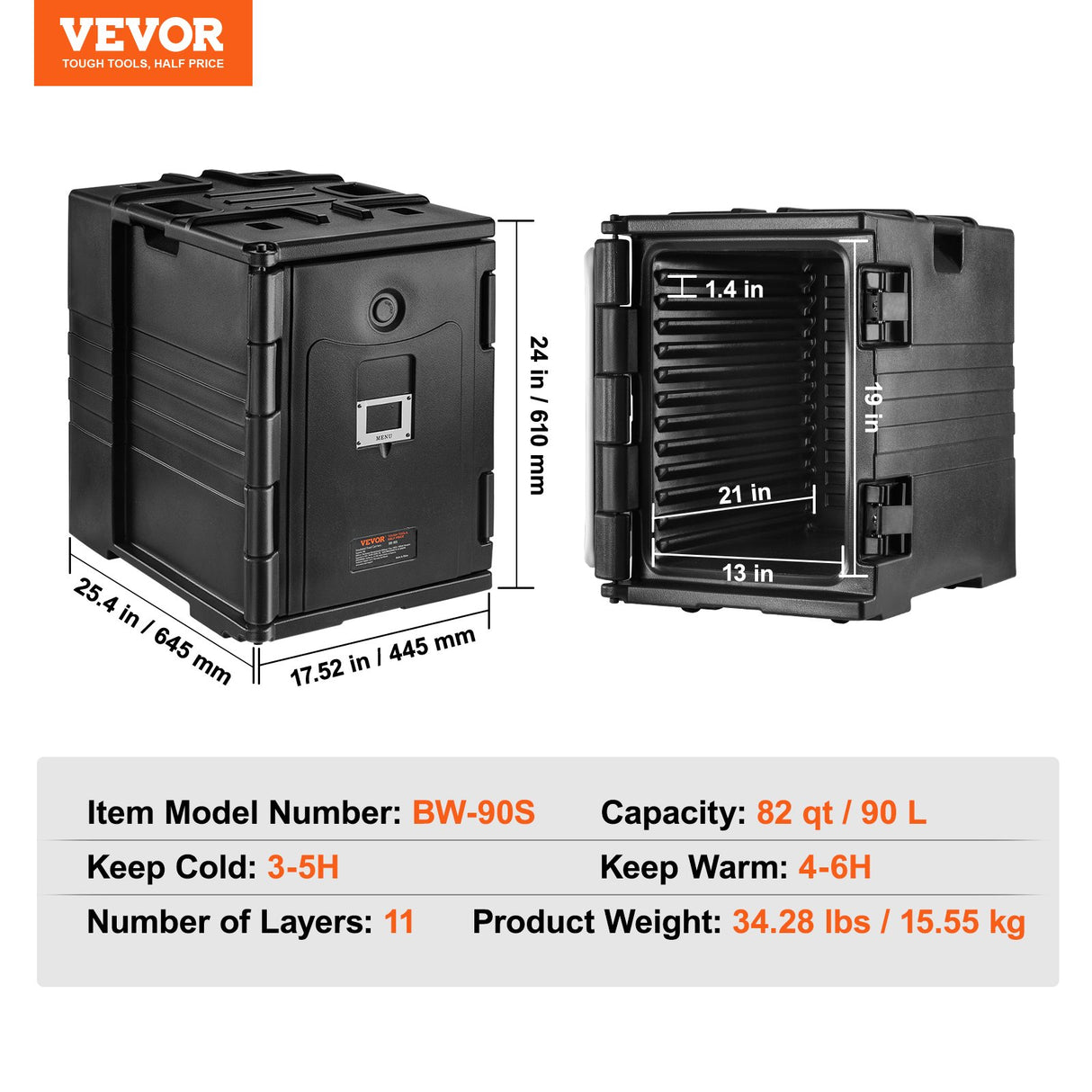 VEVOR Insulated Food Pan Carrier, 82 Qt Hot Box for Catering, LLDPE Food Box Carrier w/ Double Buckles, Front Loading Food Warmer w/ Handles,
