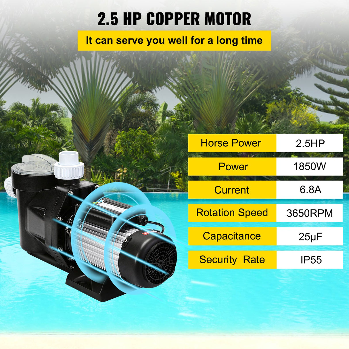 VEVOR Swimming Pool Filter Pump 2.5HP, 1850W Swimming Pool Pump 148GPM, Single Speed Filter for Spa