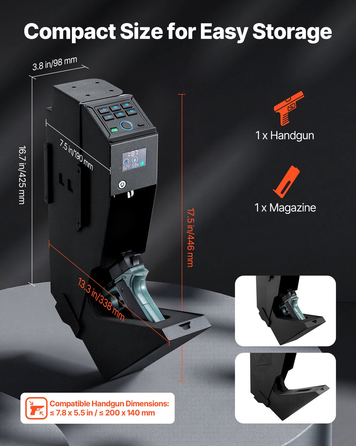 Gun Safe, Slider Handgun Gun Safe with Screen, Fingerprint/Password/Key, 3-Way Quick Access Firearm Case Box with LED for 1 Pistol & Magazine, Mounted Gun Box for Nightstand Bedside Desk Car