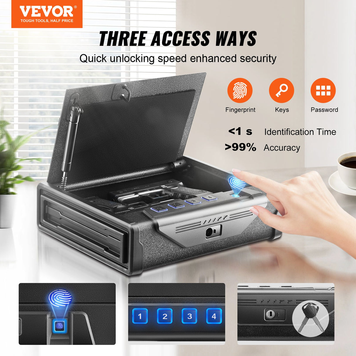 VEVOR Gun Safe for Pistols Biometric Gun Safe with 3 Access Ways for 2 Pistols