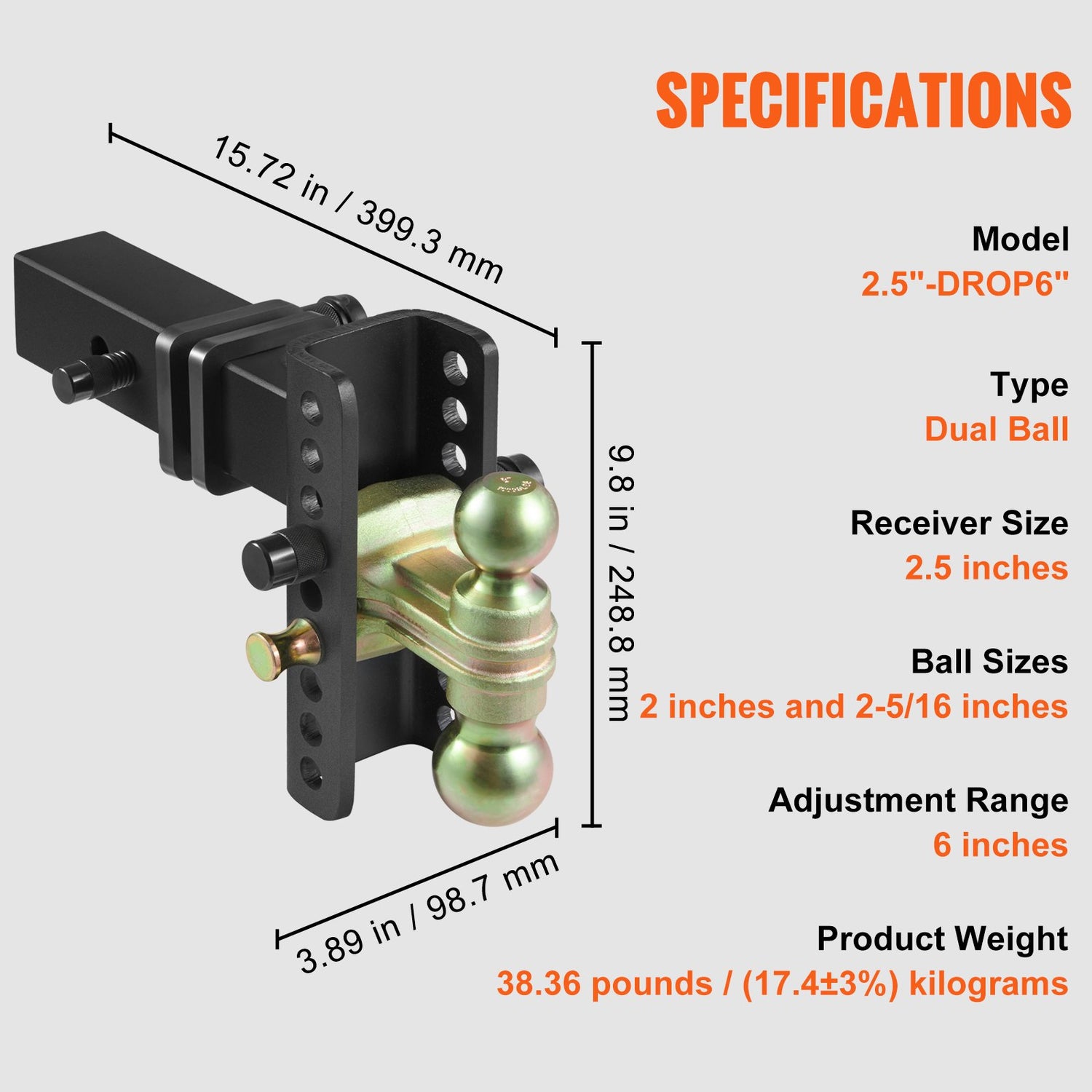VEVOR Adjustable Trailer Hitch, 15cm Drop & 11.43cm Rise Hitch Ball Mount with 6.35cm Receiver, Solid Tube, 6577 kgs GTW, 5.08cm & 5.08-0.79cm 45# Steel Tow Balls with Key Lock for Truck Towing