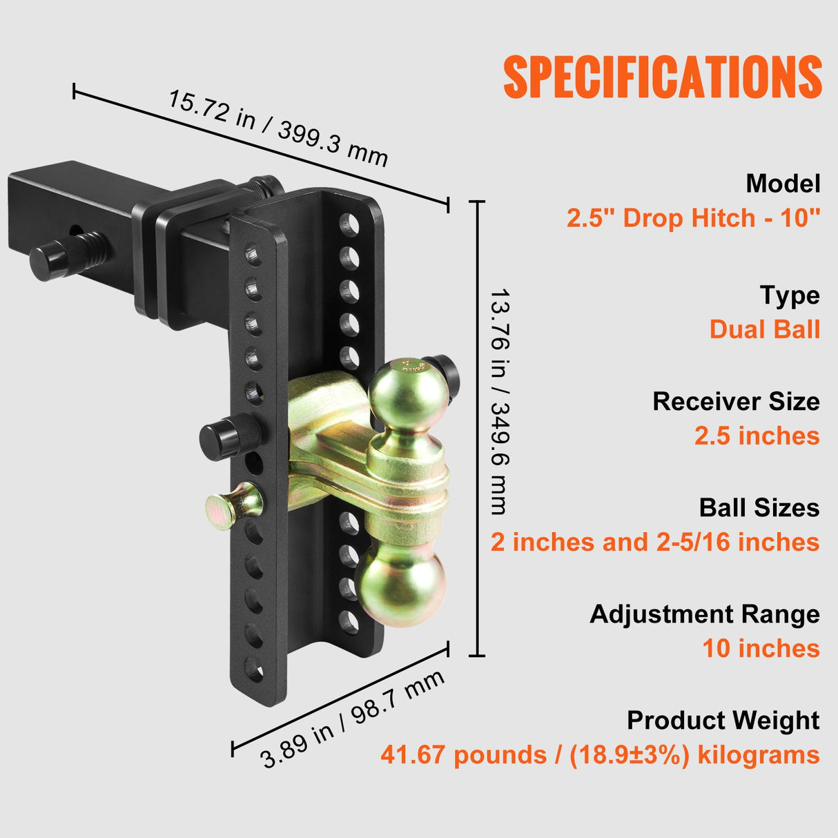 VEVOR Adjustable Trailer Hitch, 25 cm Drop & 21.59 cm Rise Hitch Ball Mount with 6.35 cm Receiver Solid Tube, 6577 kgs GTW, 5.08 cm & 5.08-0.79 cm 45#