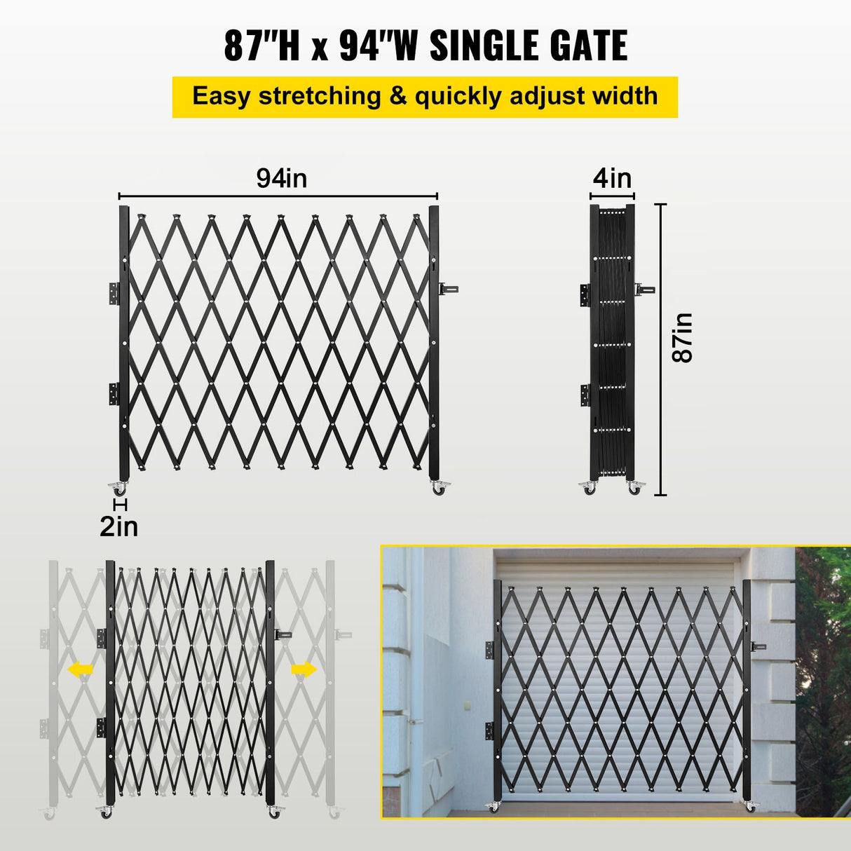 VEVOR Single Folding Security Gate, 85" H x 95" W Folding Door Gate, Steel Accordion Security Gate, Flexible Expanding Security Gate, Rolling Barricade Gate, Scissor Gate/Door with Padlock