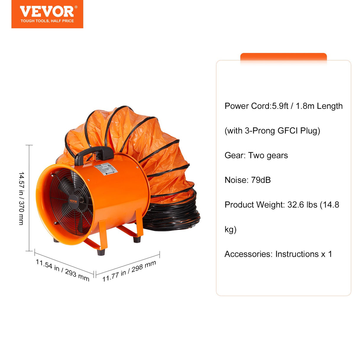 VEVOR Portable Ventilator, 254mm/10inch Heavy Duty Cylinder Fan with 10m Duct Hose, 300W Strong Shop Exhaust Blower 1720CFM, Industrial Utility Blower