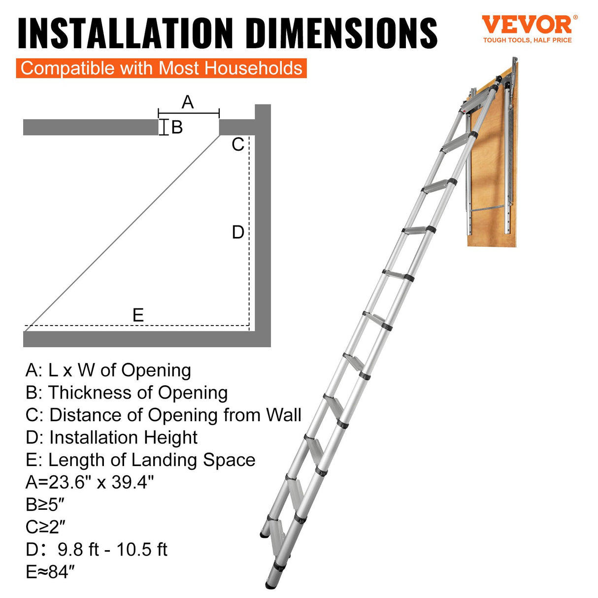 VEVOR Attic Ladder Telescoping, 158.76kg Capacity, 100cm x 59.94cm,Multi-Purpose Aluminium Extension, Lightweight and Portable,Fits298.7cm-