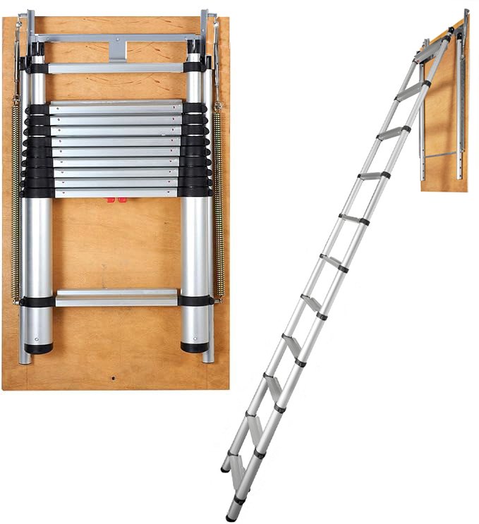 VEVOR Attic Ladder Telescoping, 158.76kg Capacity, 100cm x 59.94cm,Multi-Purpose Aluminium Extension, Lightweight and Portable,Fits298.7cm-