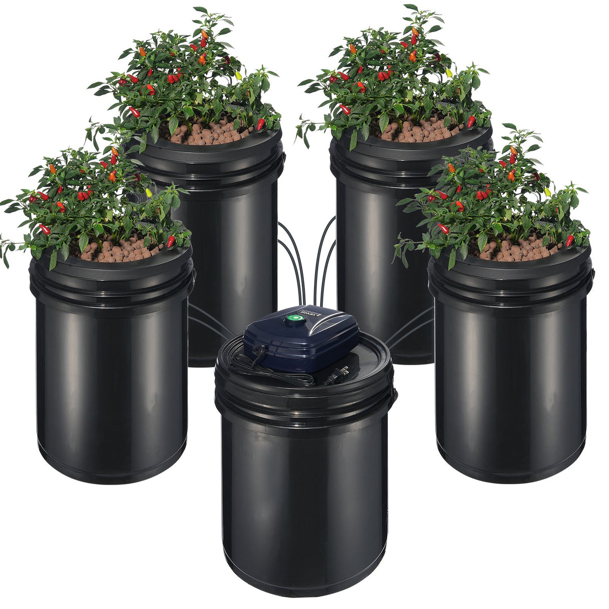 RDWC Hydroponics Grow System, Hydroponic Growing Kit with Top Drip, Recirculating Deep Water Culture 4 Buckles and 1 Reservoir, with Air Pump and Water Level Device for Leafy Vegetables