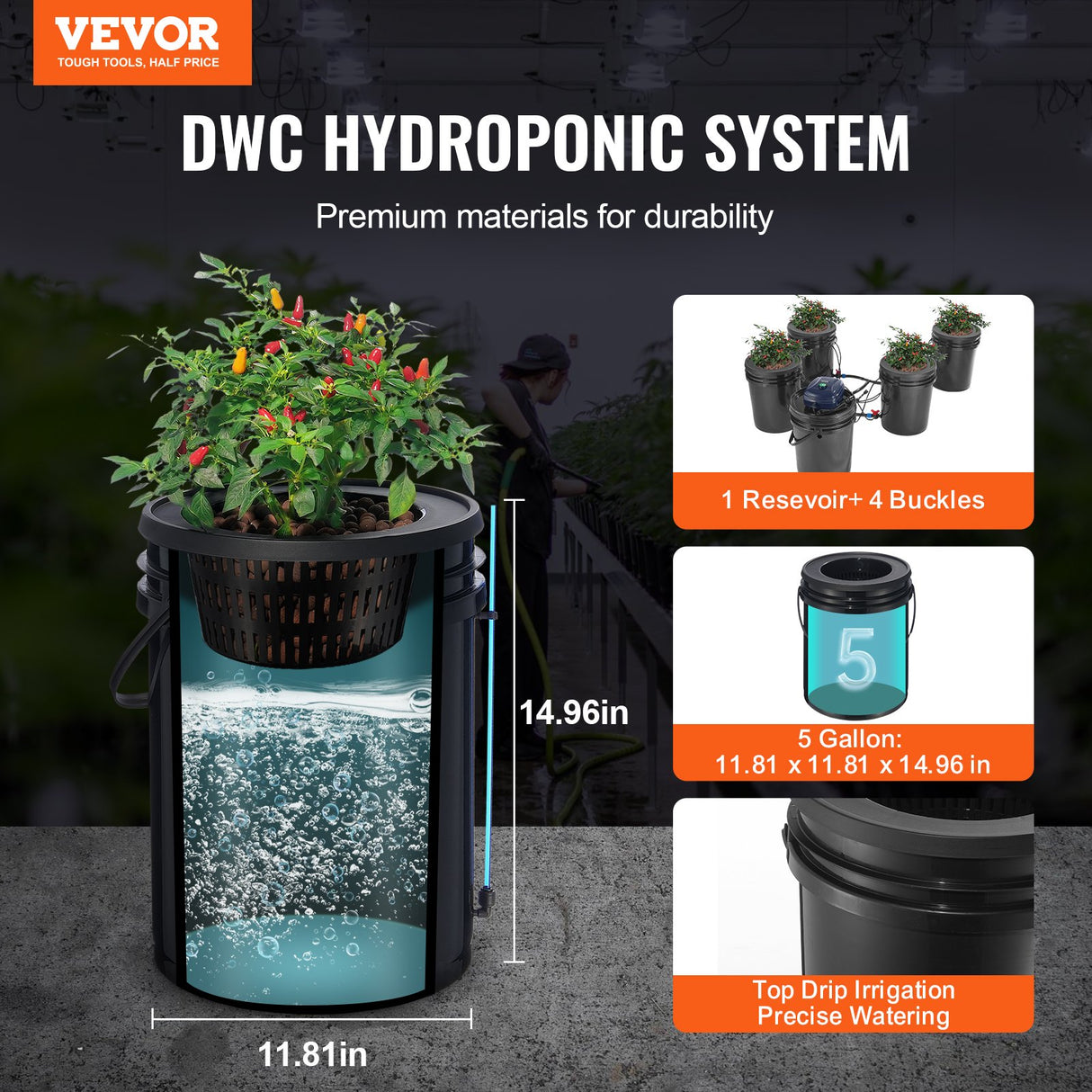 RDWC Hydroponics Grow System, Hydroponic Growing Kit with Top Drip, Recirculating Deep Water Culture 4 Buckles and 1 Reservoir, with Air Pump and Water Level Device for Leafy Vegetables
