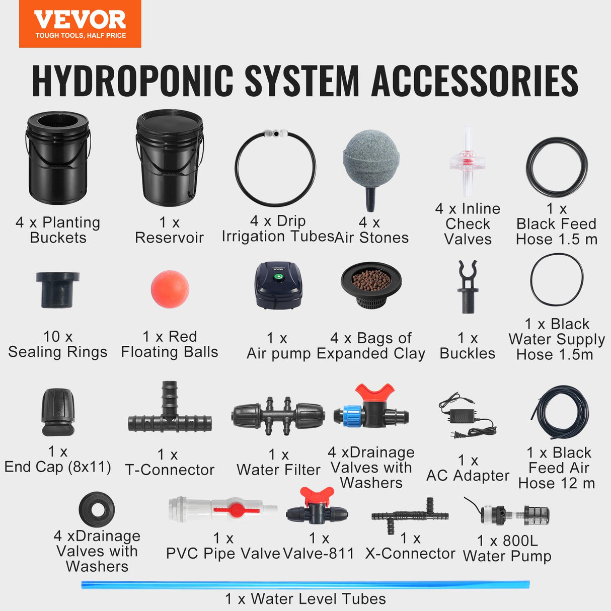 RDWC Hydroponics Grow System, Hydroponic Growing Kit with Top Drip, Recirculating Deep Water Culture 4 Buckles and 1 Reservoir, with Air Pump and Water Level Device for Leafy Vegetables