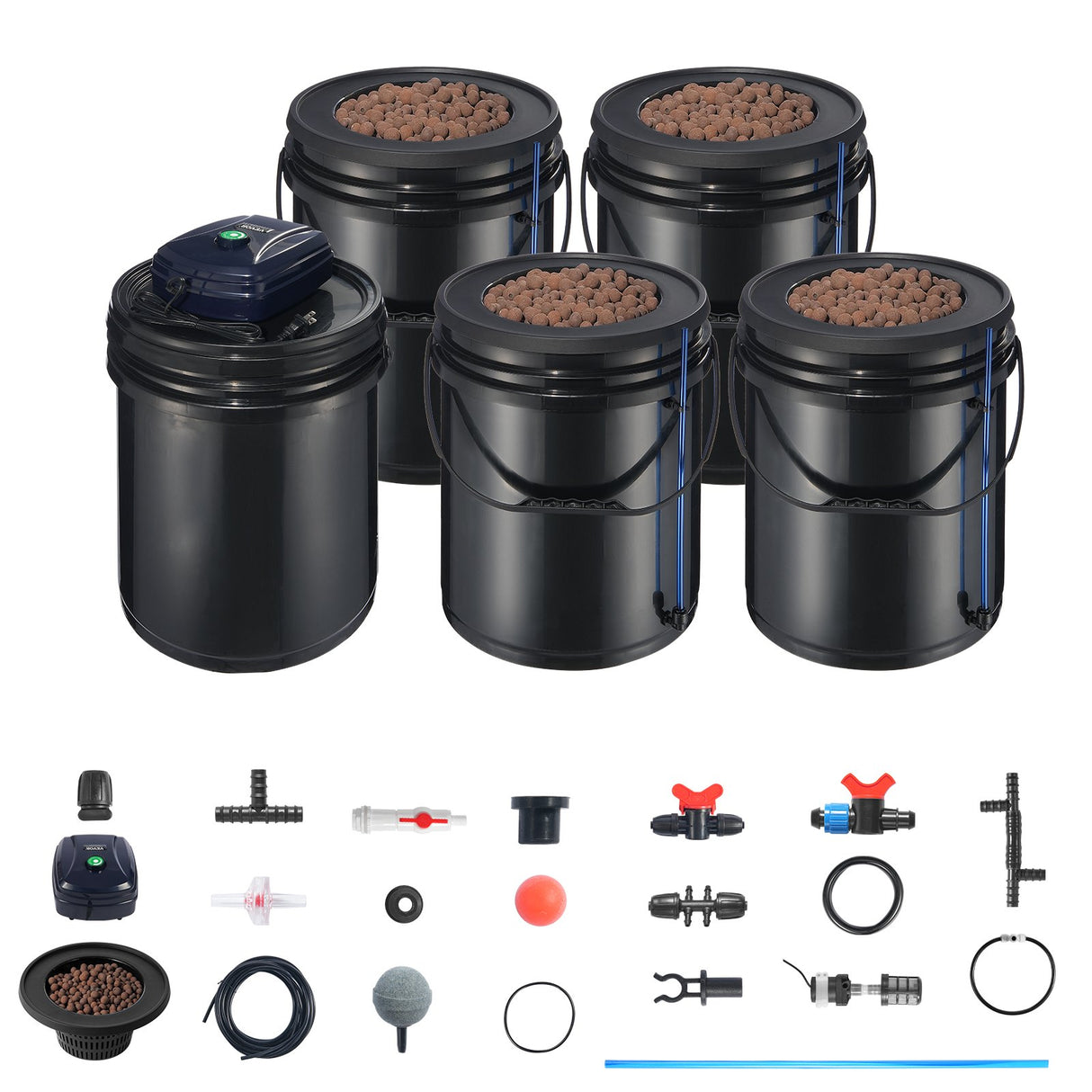 RDWC Hydroponics Grow System, Hydroponic Growing Kit with Top Drip, Recirculating Deep Water Culture 4 Buckles and 1 Reservoir, with Air Pump and Water Level Device for Leafy Vegetables