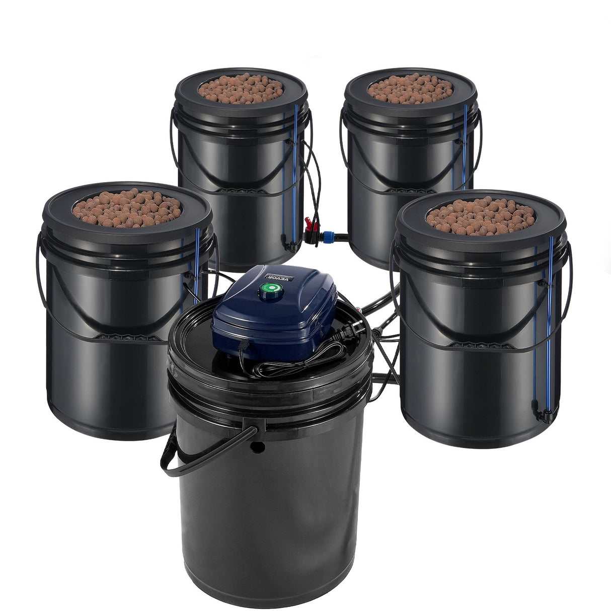 RDWC Hydroponics Grow System, Hydroponic Growing Kit with Top Drip, Recirculating Deep Water Culture 4 Buckles and 1 Reservoir, with Air Pump and Water Level Device for Leafy Vegetables