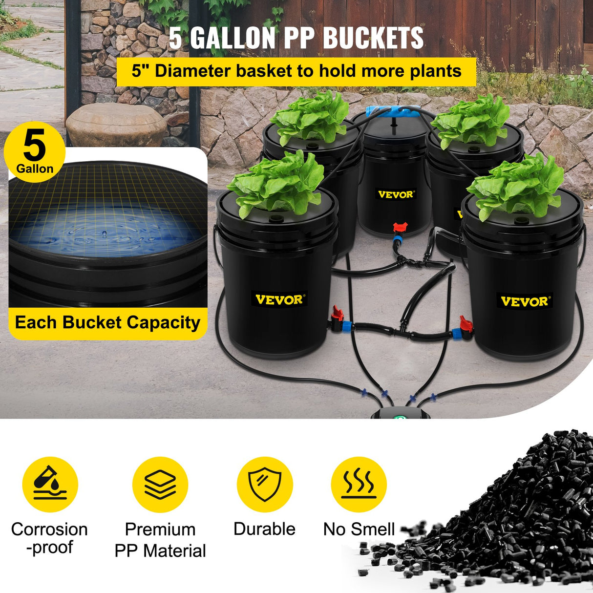 VEVOR DWC Hydroponic System, 5 Gallon 5 Buckets, Deep Water Culture Growing Bucket, Hydroponics Grow Kit with Pump, Air Stone and Connected Reservoir, for Indoor/Outdoor Leafy Vegetables