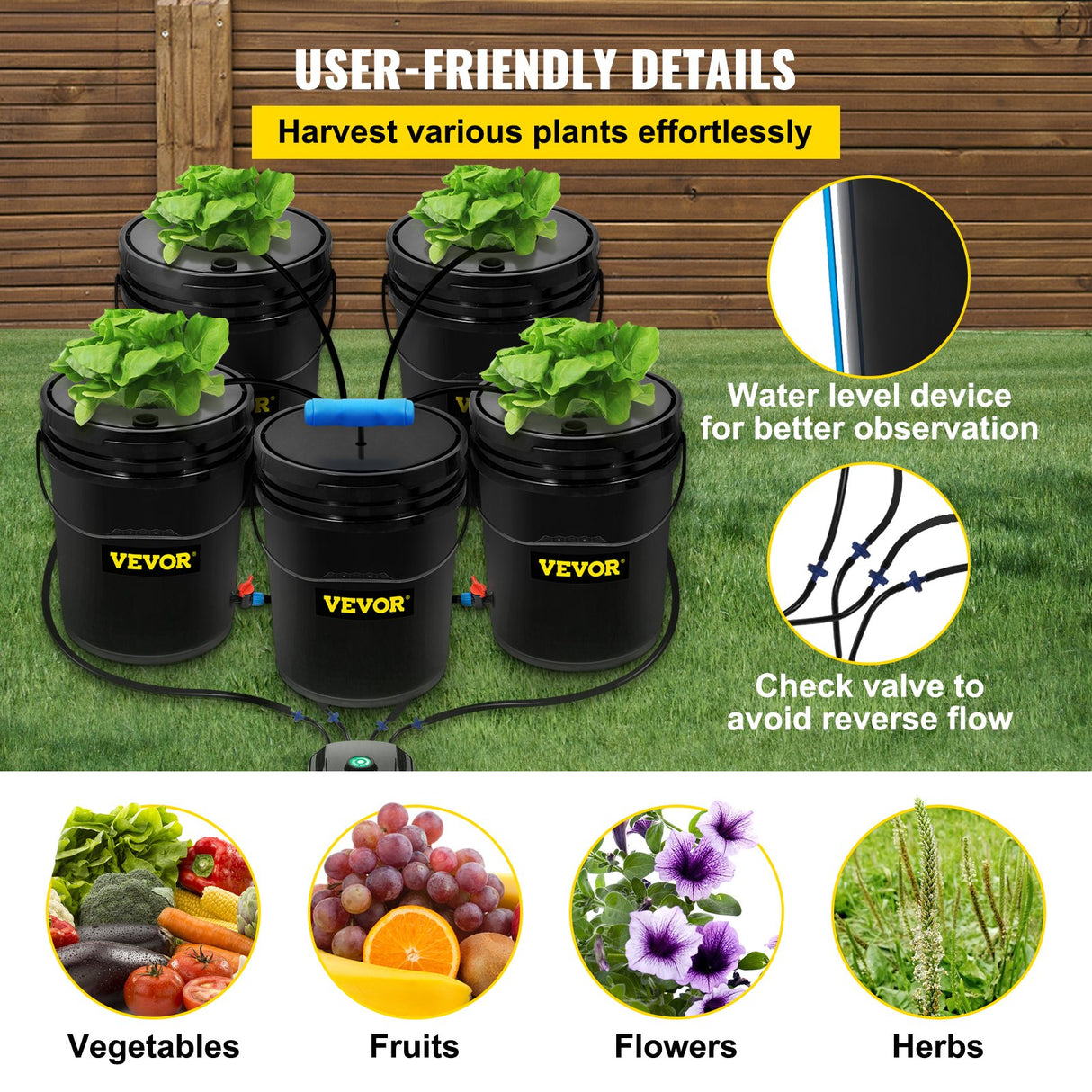 VEVOR DWC Hydroponic System, 5 Gallon 5 Buckets, Deep Water Culture Growing Bucket, Hydroponics Grow Kit with Pump, Air Stone and Connected Reservoir, for Indoor/Outdoor Leafy Vegetables