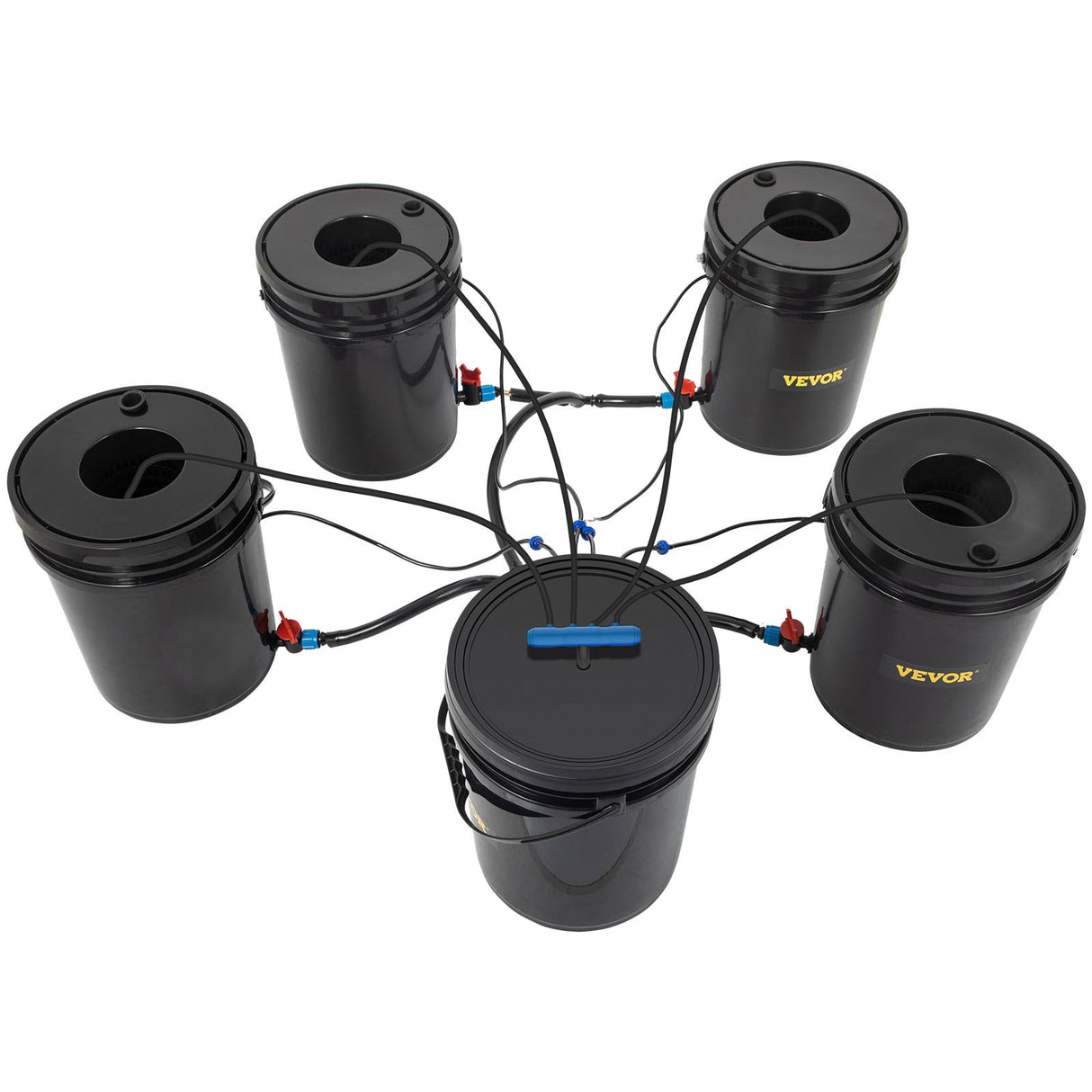 VEVOR DWC Hydroponic System, 5 Gallon 5 Buckets, Deep Water Culture Growing Bucket, Hydroponics Grow Kit with Pump, Air Stone and Connected Reservoir, for Indoor/Outdoor Leafy Vegetables