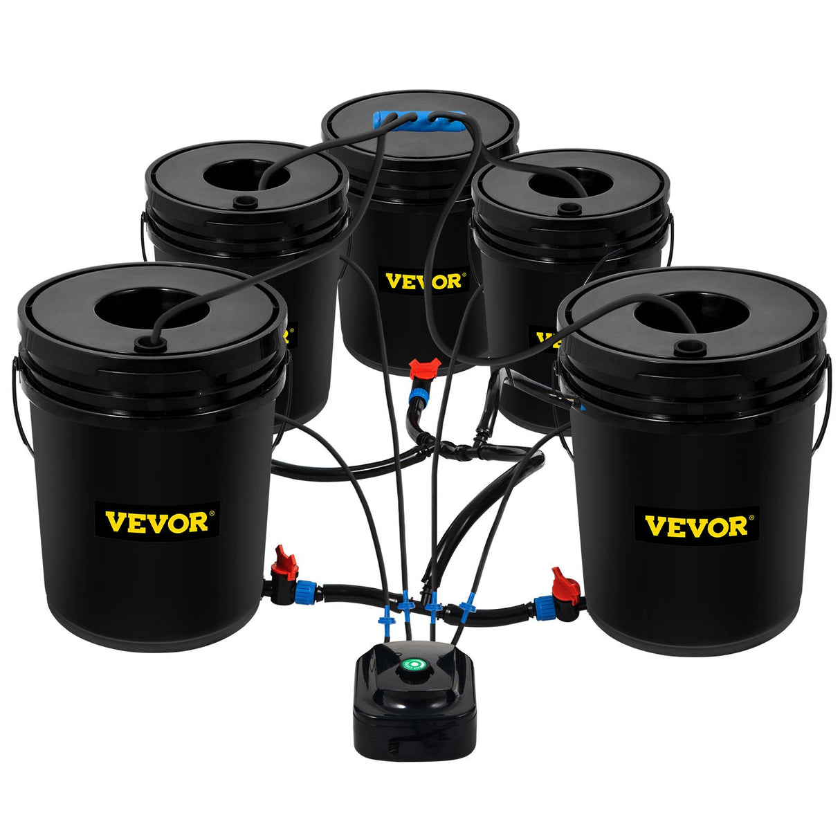 VEVOR DWC Hydroponic System, 5 Gallon 5 Buckets, Deep Water Culture Growing Bucket, Hydroponics Grow Kit with Pump, Air Stone and Connected Reservoir, for Indoor/Outdoor Leafy Vegetables