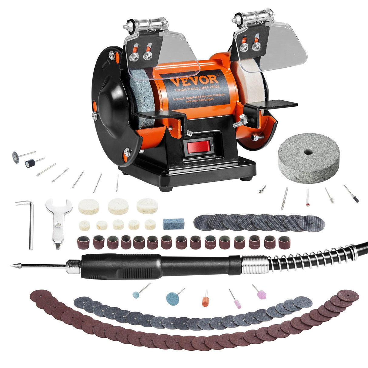 VEVOR Jewelry Polisher, Bench Grinder Polishing & Buffing Machine, 3590RPM Bench Lathe Polisher with 1 Wool Wheel & 1 Abrasive Fiber Wheel & 1 Grinding Wheel & 100pcs Tools