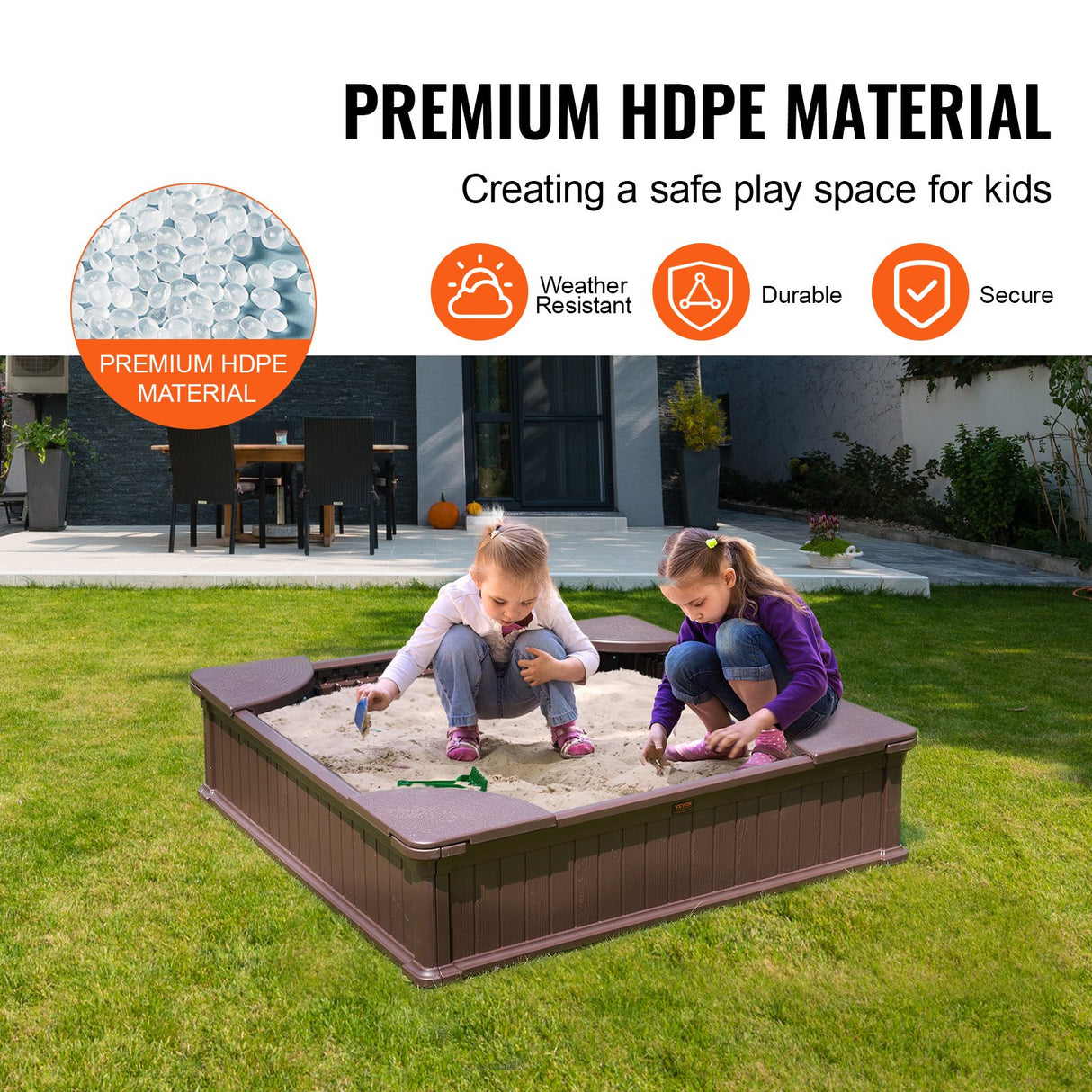 VEVOR Sandbox with Cover, 48.6x48.6x12.4 in Square Sand Box, HDPE Sand Pit with 4 Corner Seating and Bottom Liner, Kids Sandbox for Outdoor Backyard,