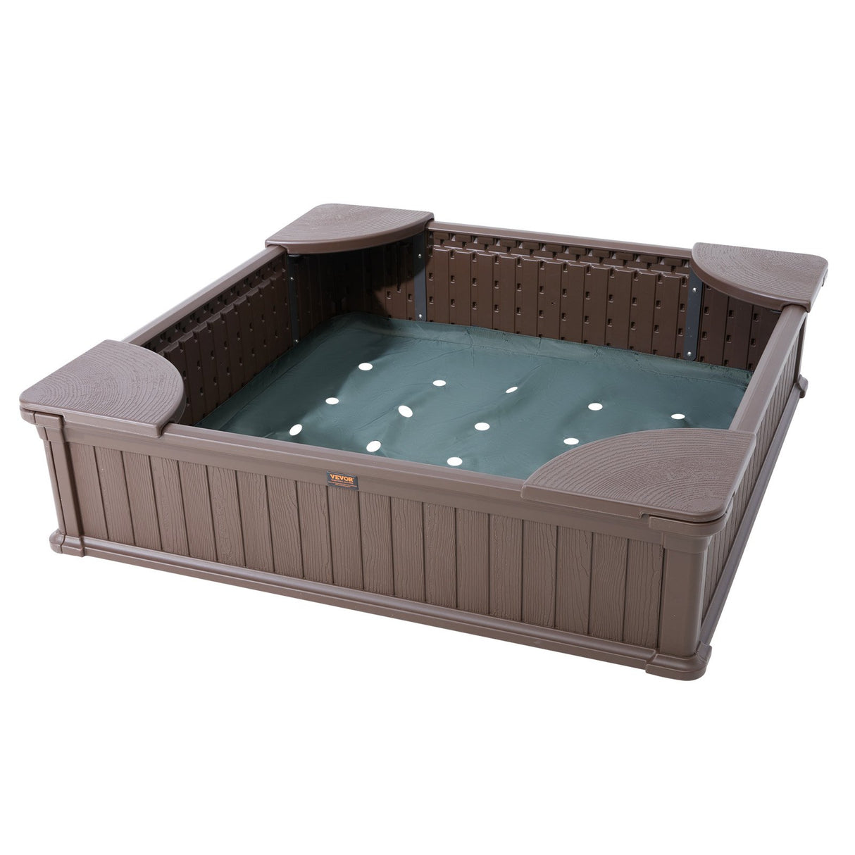 VEVOR Sandbox with Cover, 48.6x48.6x12.4 in Square Sand Box, HDPE Sand Pit with 4 Corner Seating and Bottom Liner, Kids Sandbox for Outdoor Backyard,