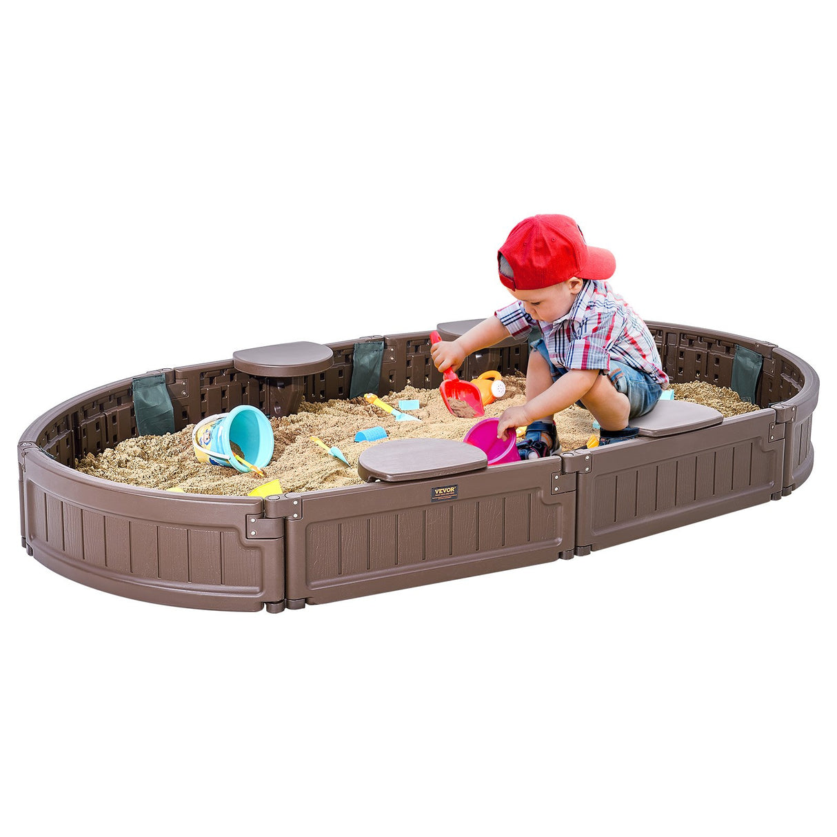VEVOR Sandbox with Cover, 72 x 41.5 x 9.1 in Oval Sand Box, HDPE Sand Pit with 4 Corner Seating and Bottom Liner, Kids Sandbox for Outdoor Backyard, Beach, Park, Gift for Boys Girls Ages 3-12, Brown