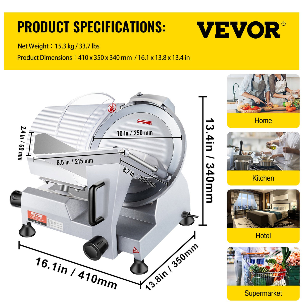 VEVOR Commercial Meat Slicer, 240W Electric Deli Food Slicer, 10 inch Carbon Steel Blade Electric Food Slicer, 350-400RPM Meat Slicer, 0 - 0.47 inch