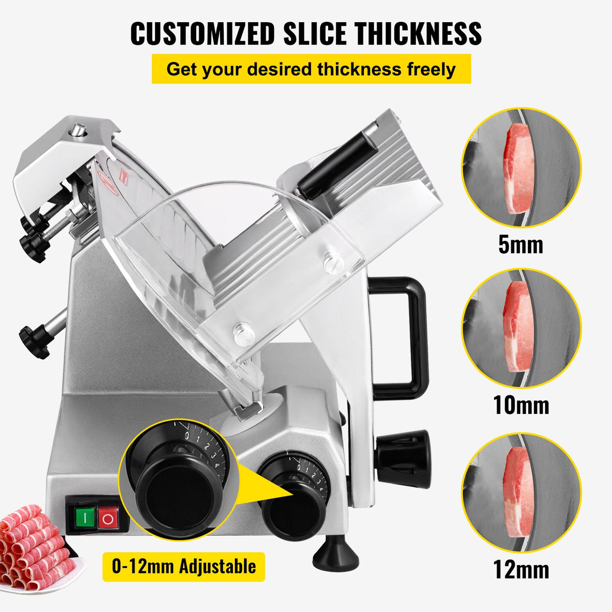VEVOR Commercial Meat Slicer, 200W Electric Deli Food Slicer, 350-400RPM Meat Slicer with 8" Carbon Steel Blade, 0 - 0.47 inch Adjustable Thickness