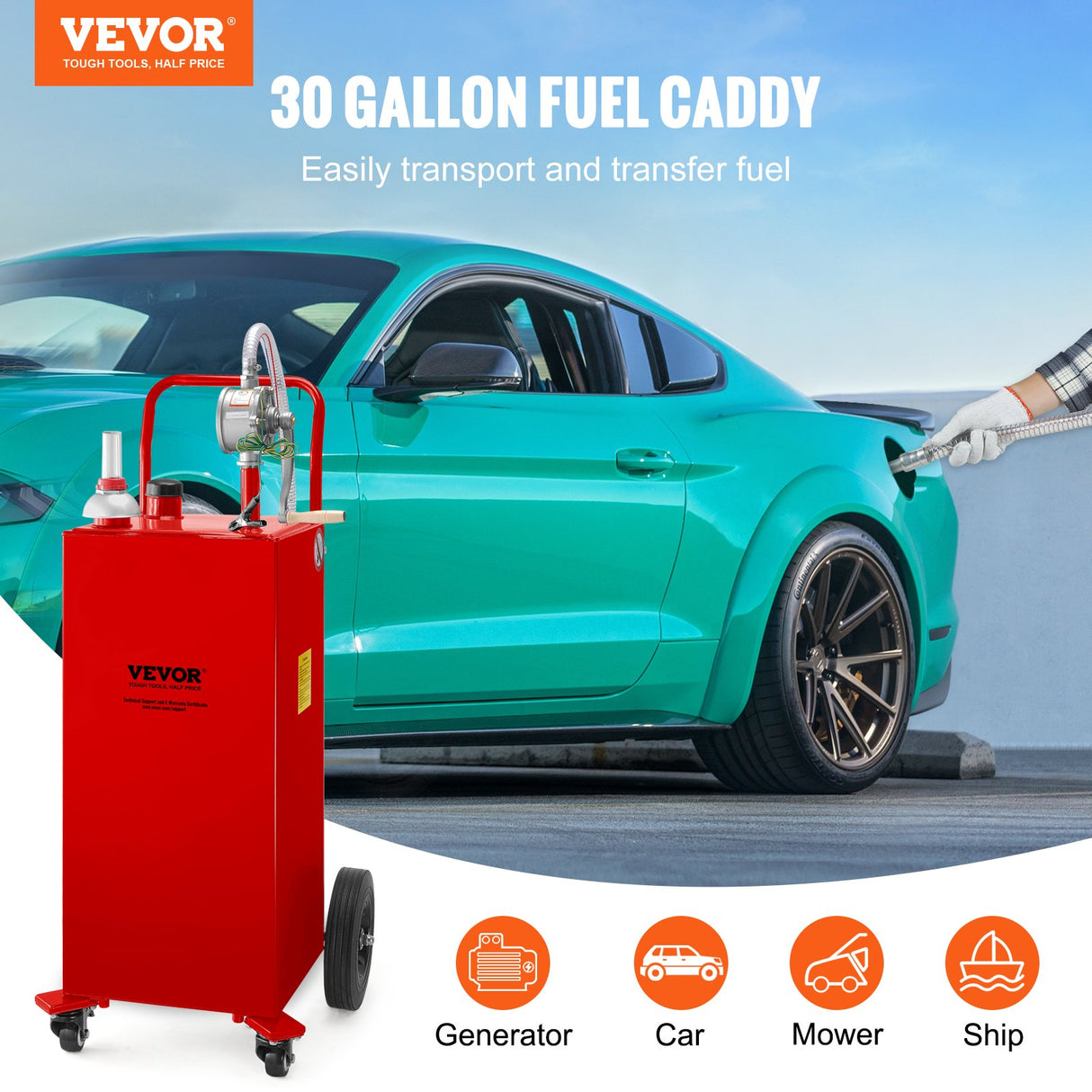 VEVOR 114L Fuel Caddy, Gas Storage Tank & 4 Wheels, with Manuel Transfer Pump, Gasoline Diesel Fuel Container for Cars, Lawn Mowers, ATVs, Boats, More, Red