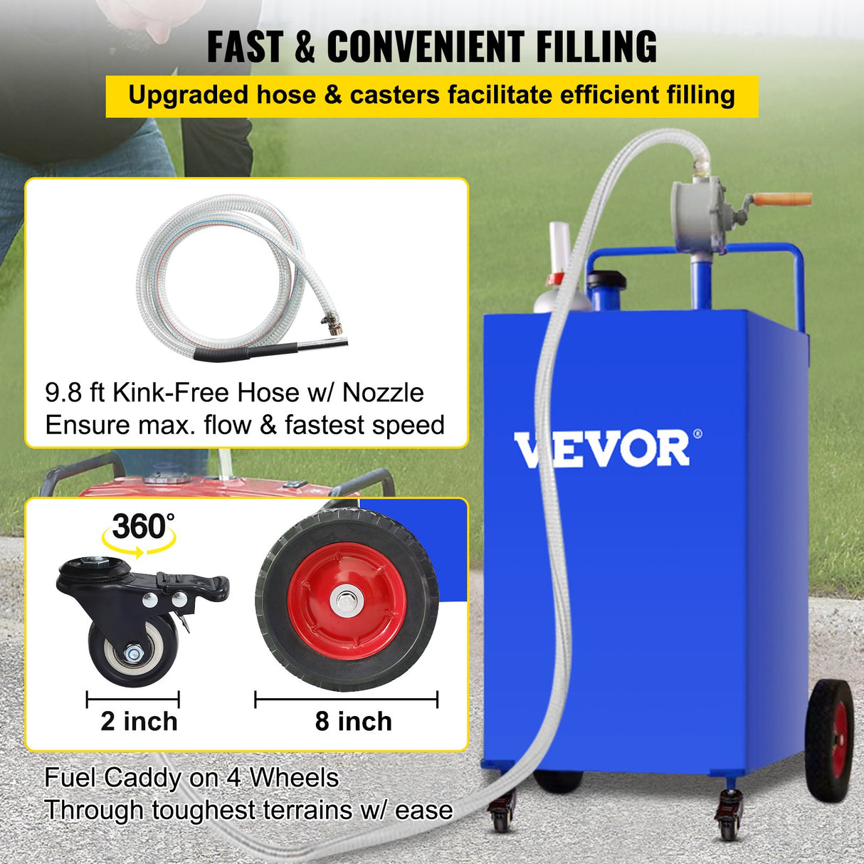 VEVOR 114L Fuel Caddy, Gas Storage Tank & 4 Wheels, with Manuel Transfer Pump, Gasoline Diesel Fuel Container for Cars, Lawn Mowers, ATVs, Boats, More