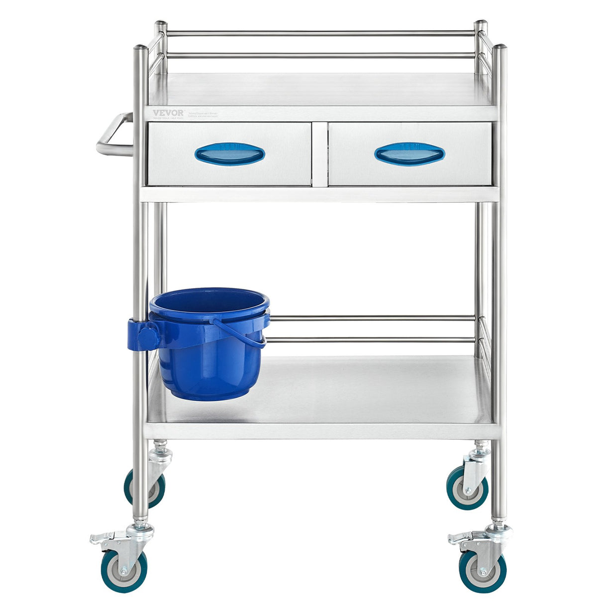 VEVOR Lab Serving Cart 2 Layers Stainless Steel Utility Rolling Cart Medical Cart with Two Drawers Dental Utility Cart with Lockable Wheels and A Bucket for Laboratory Hospital Dental Use