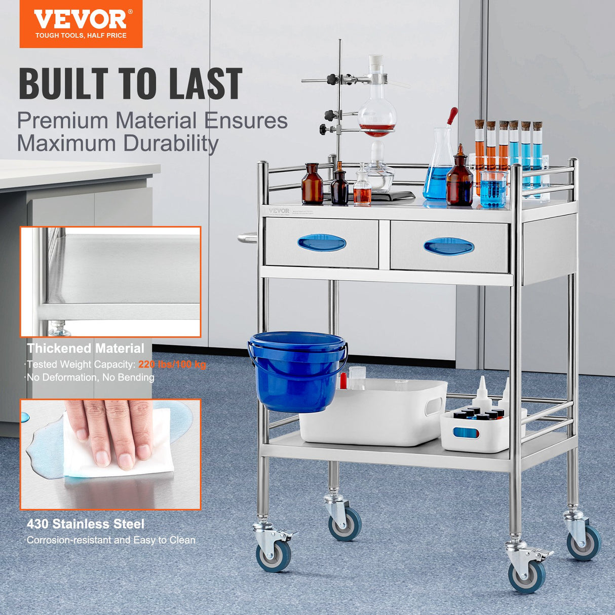 VEVOR Lab Serving Cart 2 Layers Stainless Steel Utility Rolling Cart Medical Cart with Two Drawers Dental Utility Cart with Lockable Wheels and A Bucket for Laboratory Hospital Dental Use