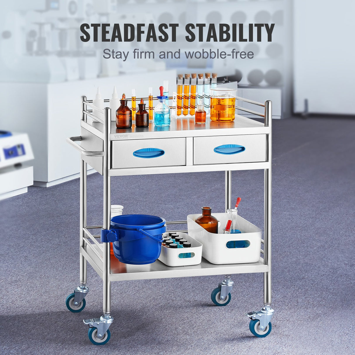 VEVOR Lab Serving Cart 2 Layers Stainless Steel Utility Rolling Cart Medical Cart with Two Drawers Dental Utility Cart with Lockable Wheels and A Bucket for Laboratory Hospital Dental Use