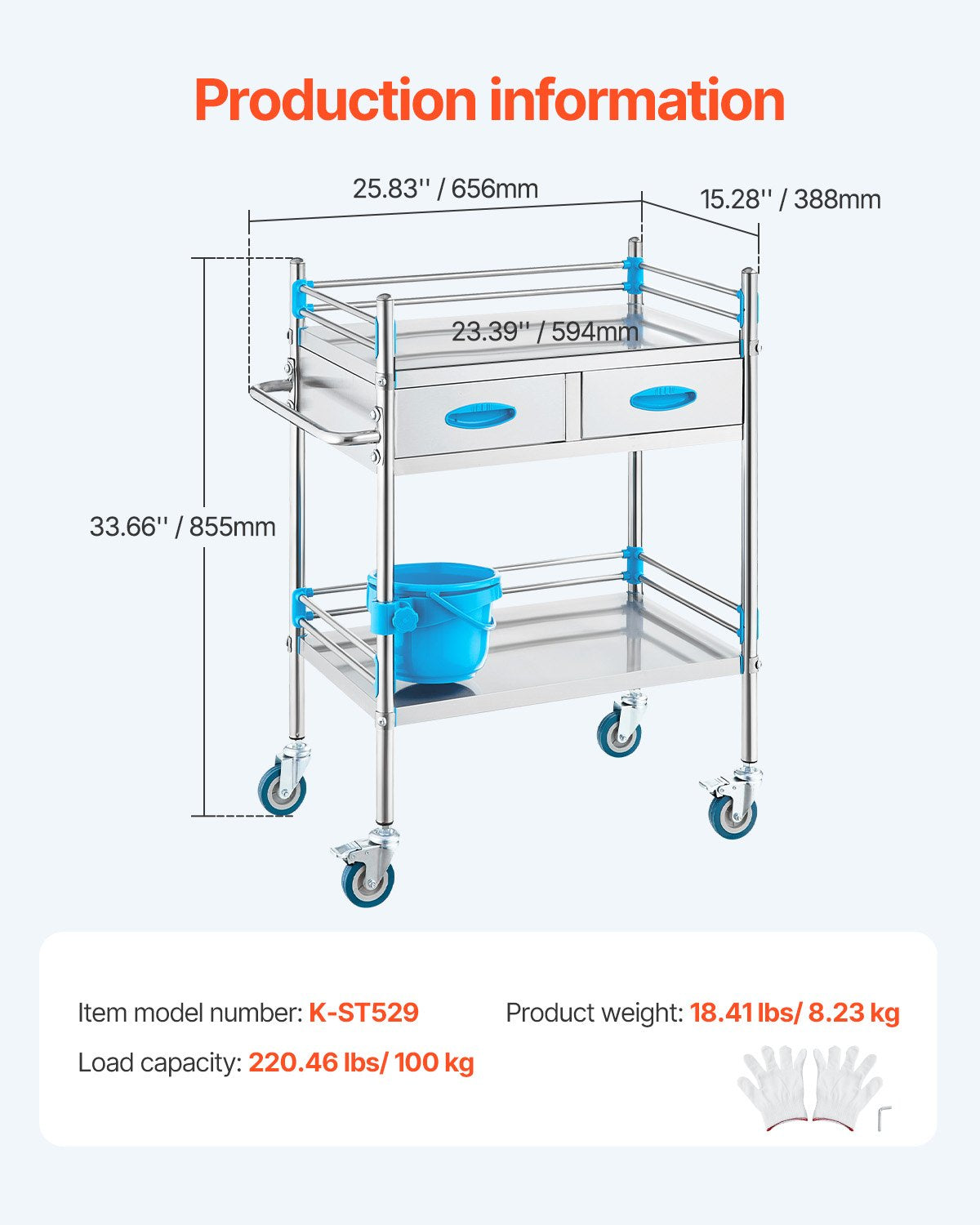 VEVOR Lab Serving Cart 2 Layers Stainless Steel Utility Rolling Cart Medical Cart with Two Drawers Dental Utility Cart with Lockable Wheels and A Bucket for Laboratory Hospital Dental Use