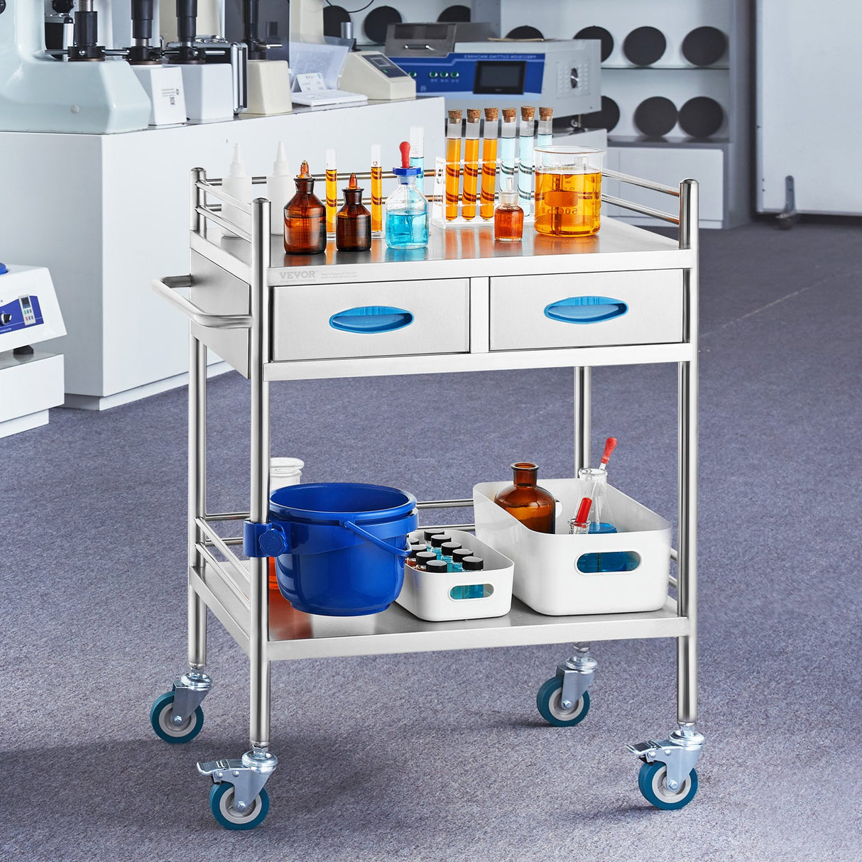 VEVOR Lab Serving Cart 2 Layers Stainless Steel Utility Rolling Cart Medical Cart with Two Drawers Dental Utility Cart with Lockable Wheels and A Bucket for Laboratory Hospital Dental Use