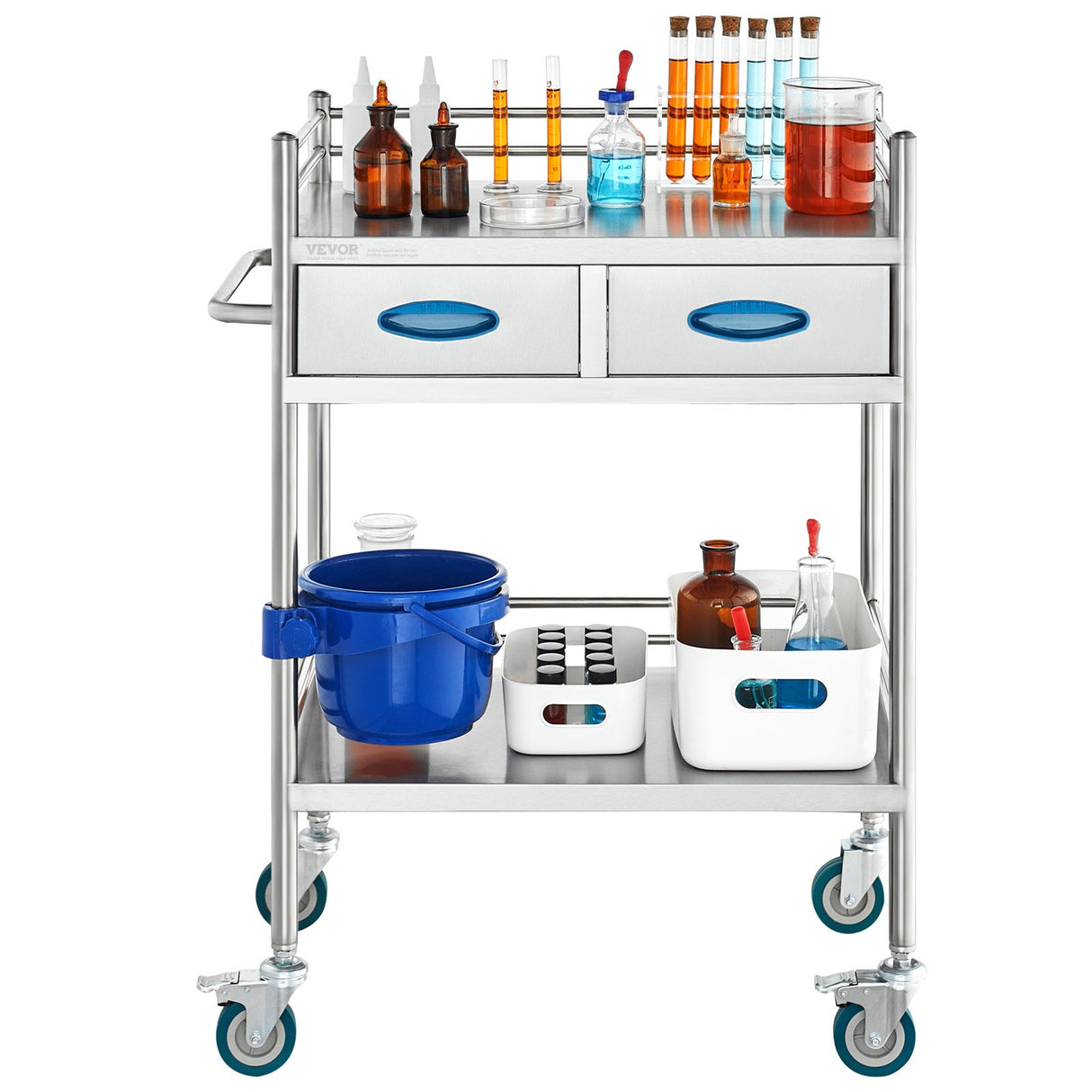 VEVOR Lab Serving Cart 2 Layers Stainless Steel Utility Rolling Cart Medical Cart with Two Drawers Dental Utility Cart with Lockable Wheels and A Bucket for Laboratory Hospital Dental Use