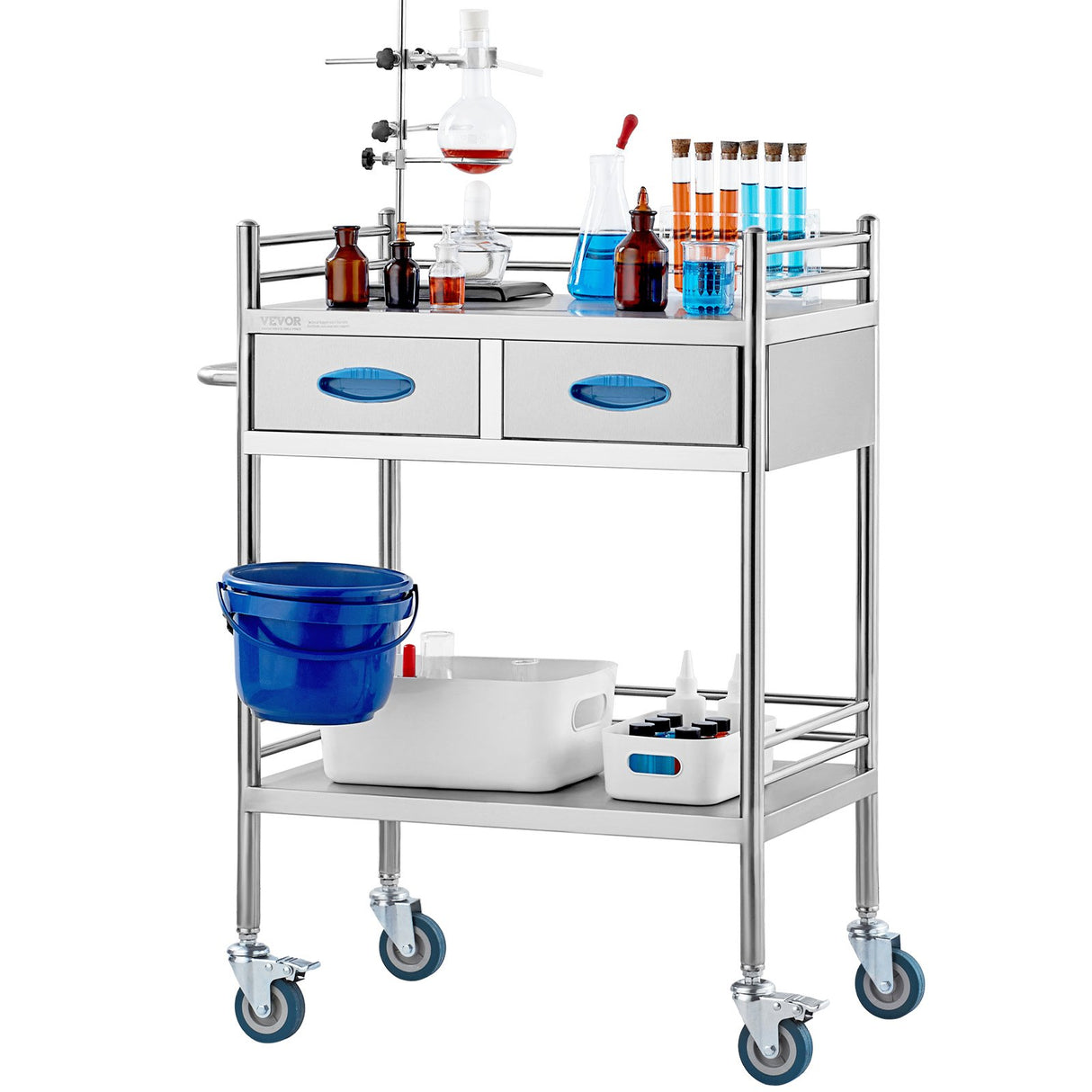 VEVOR Lab Serving Cart 2 Layers Stainless Steel Utility Rolling Cart Medical Cart with Two Drawers Dental Utility Cart with Lockable Wheels and A Bucket for Laboratory Hospital Dental Use