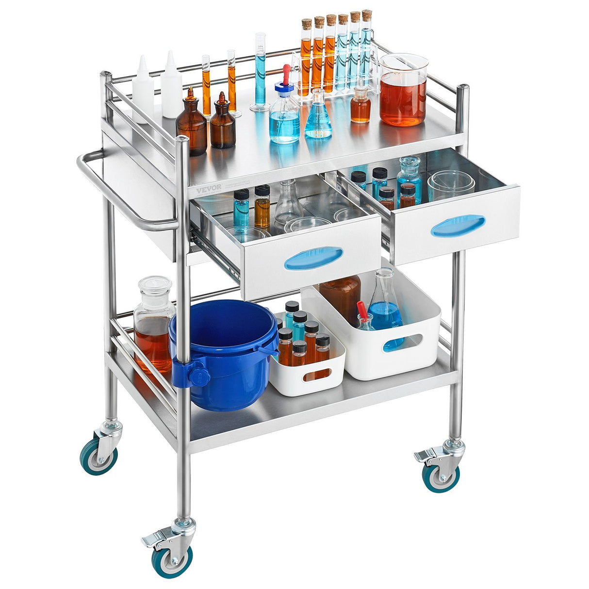VEVOR Lab Serving Cart 2 Layers Stainless Steel Utility Rolling Cart Medical Cart with Two Drawers Dental Utility Cart with Lockable Wheels and A Bucket for Laboratory Hospital Dental Use