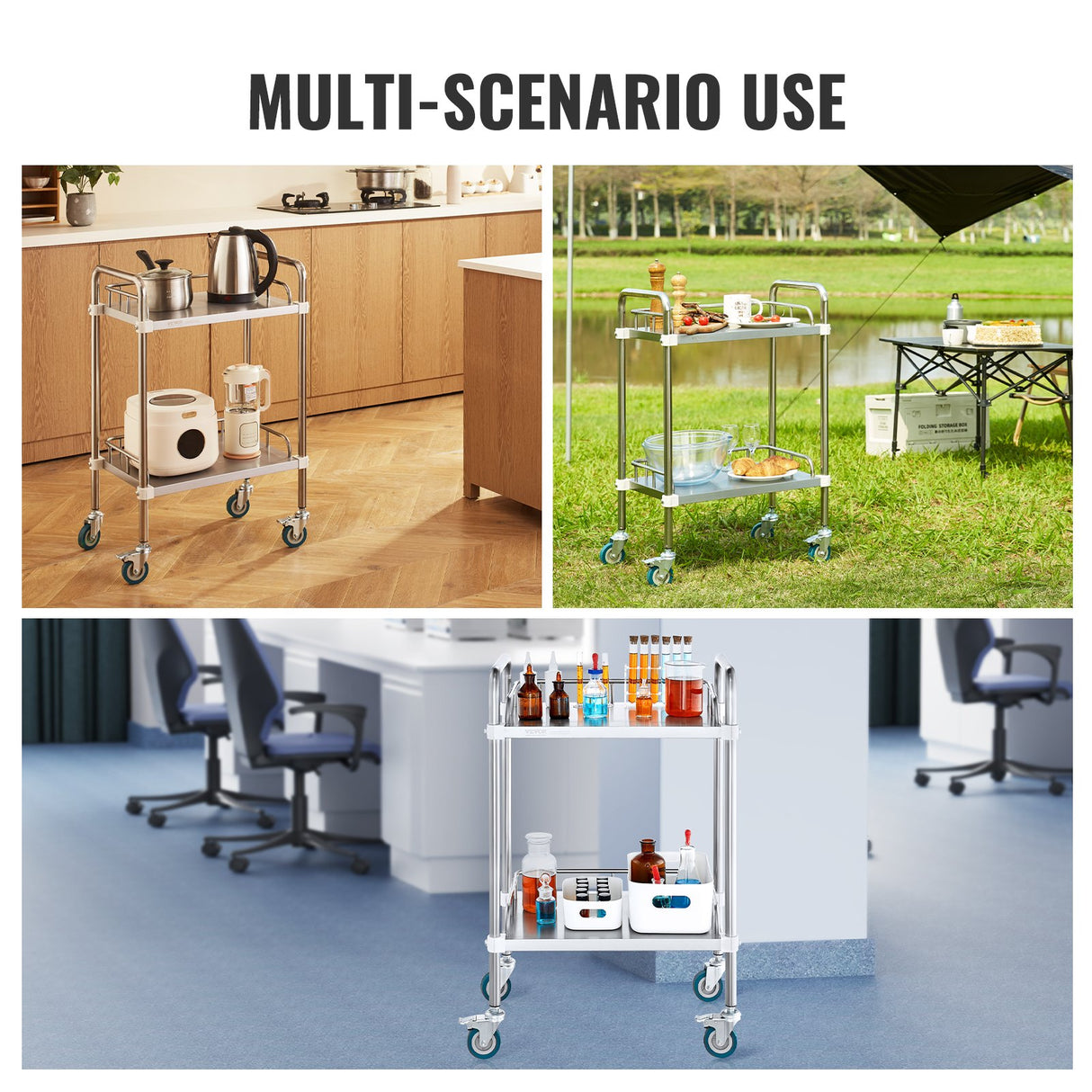 VEVOR Lab Rolling Cart, 2-Shelf Stainless Steel Rolling Cart, Lab Serving Cart with Swivel Casters, Dental Utility Cart for Clinic, Lab, Hospital, Salon, 15.16"x21.57"x34.06"