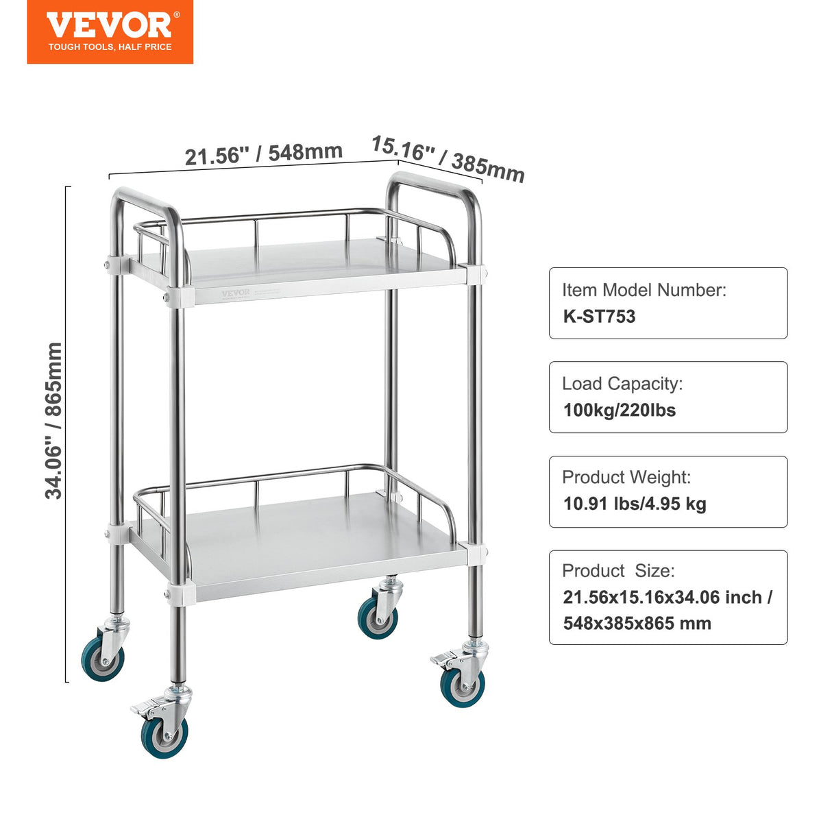VEVOR Lab Rolling Cart, 2-Shelf Stainless Steel Rolling Cart, Lab Serving Cart with Swivel Casters, Dental Utility Cart for Clinic, Lab, Hospital, Salon, 15.16"x21.57"x34.06"
