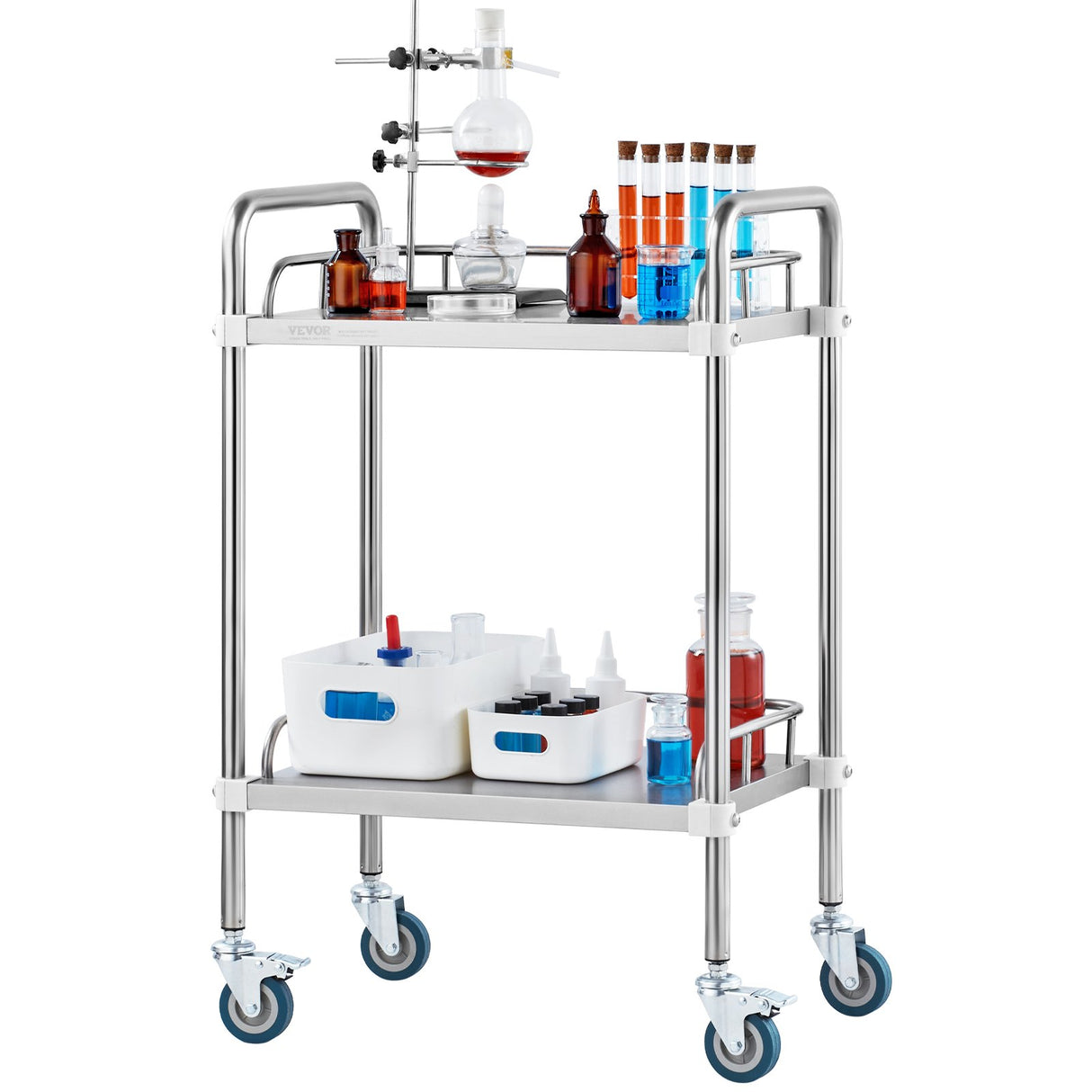 VEVOR Lab Rolling Cart, 2-Shelf Stainless Steel Rolling Cart, Lab Serving Cart with Swivel Casters, Dental Utility Cart for Clinic, Lab, Hospital,