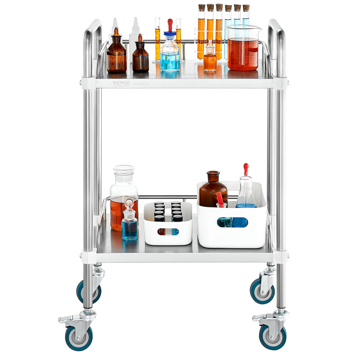 VEVOR Lab Rolling Cart, 2-Shelf Stainless Steel Rolling Cart, Lab Serving Cart with Swivel Casters, Dental Utility Cart for Clinic, Lab, Hospital, Salon, 15.16"x21.57"x34.06"