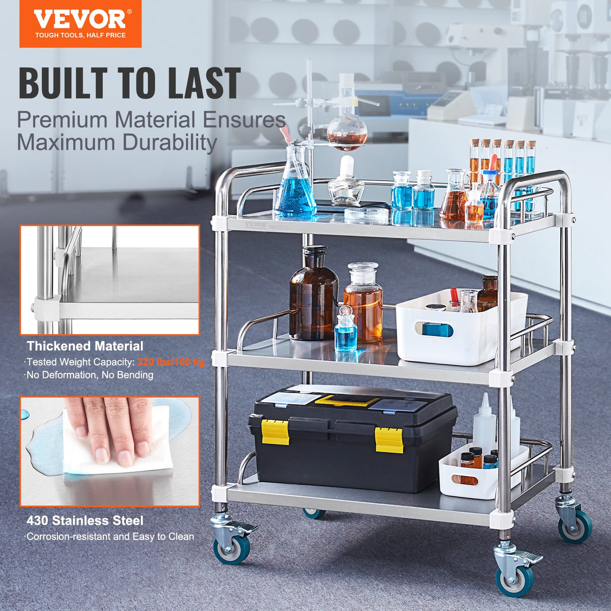 VEVOR Lab Rolling Cart, 3-Shelf Stainless Steel Rolling Cart, Lab Serving Cart with Swivel Casters, Dental Utility Cart for Clinic, Lab, Hospital,