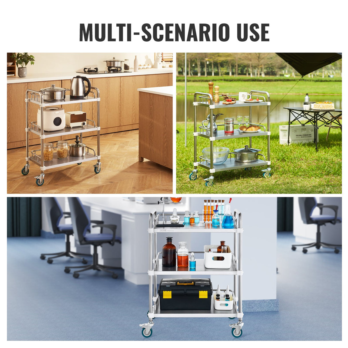 VEVOR Lab Rolling Cart, 3-Shelf Stainless Steel Rolling Cart, Lab Serving Cart with Swivel Casters, Dental Utility Cart for Clinic, Lab, Hospital,