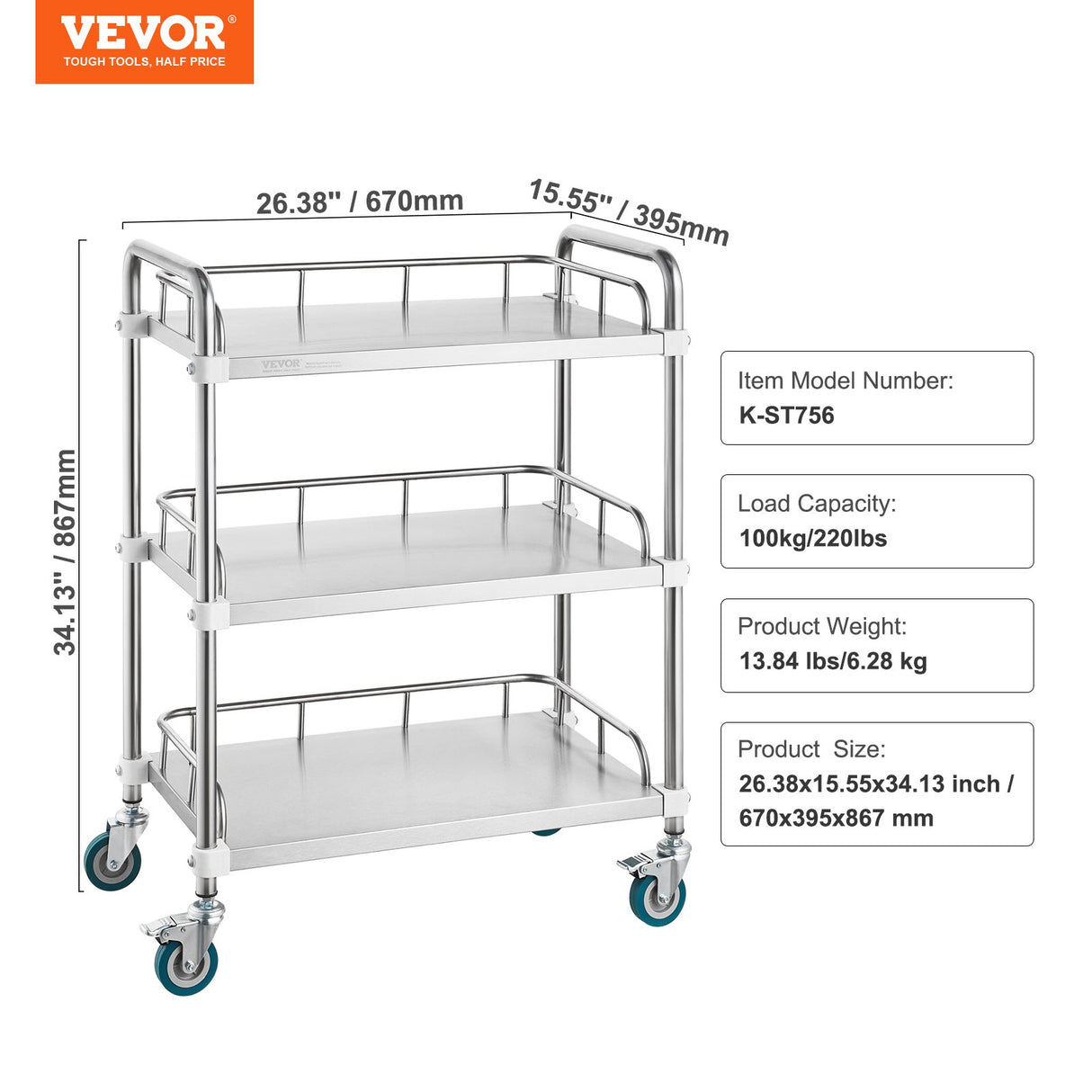 VEVOR Lab Rolling Cart 3-Shelf Stainless Steel Rolling Cart Lab Serving Cart with Swivel Casters Dental Utility Cart for Clinic Lab Hospital Salon 26.38"x15.55"x34.13"