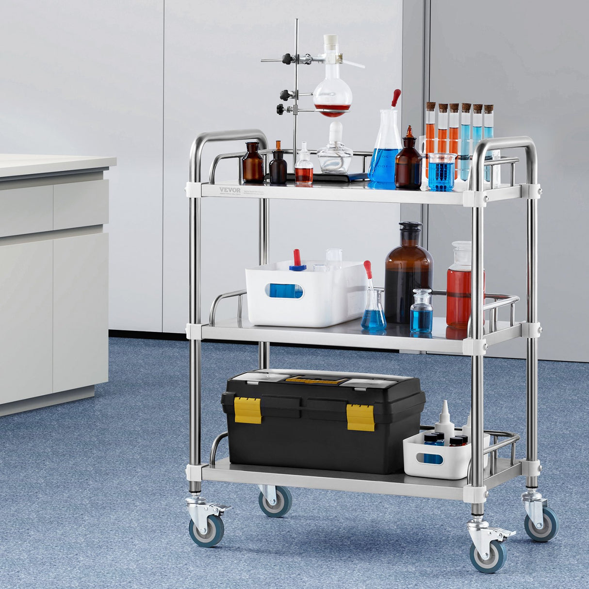 VEVOR Lab Rolling Cart 3-Shelf Stainless Steel Rolling Cart Lab Serving Cart with Swivel Casters Dental Utility Cart for Clinic Lab Hospital Salon 26.38"x15.55"x34.13"