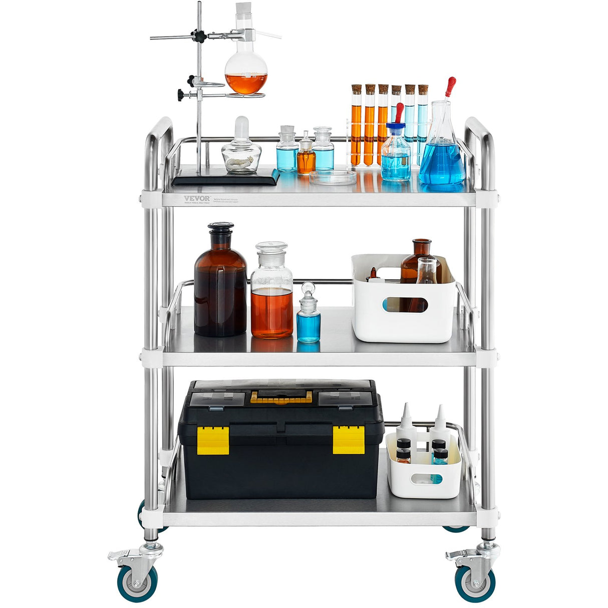 VEVOR Lab Rolling Cart, 3-Shelf Stainless Steel Rolling Cart, Lab Serving Cart with Swivel Casters, Dental Utility Cart for Clinic, Lab, Hospital,