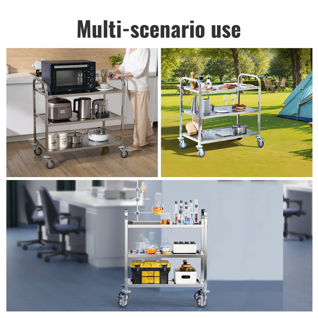 VEVOR Stainless Steel Cart, 3 Layers Lab Utility Cart 181 kg Weight Capacity, Medical Cart with Lockable Universal Wheels, for Lab, Clinic, Kitchen, Salon